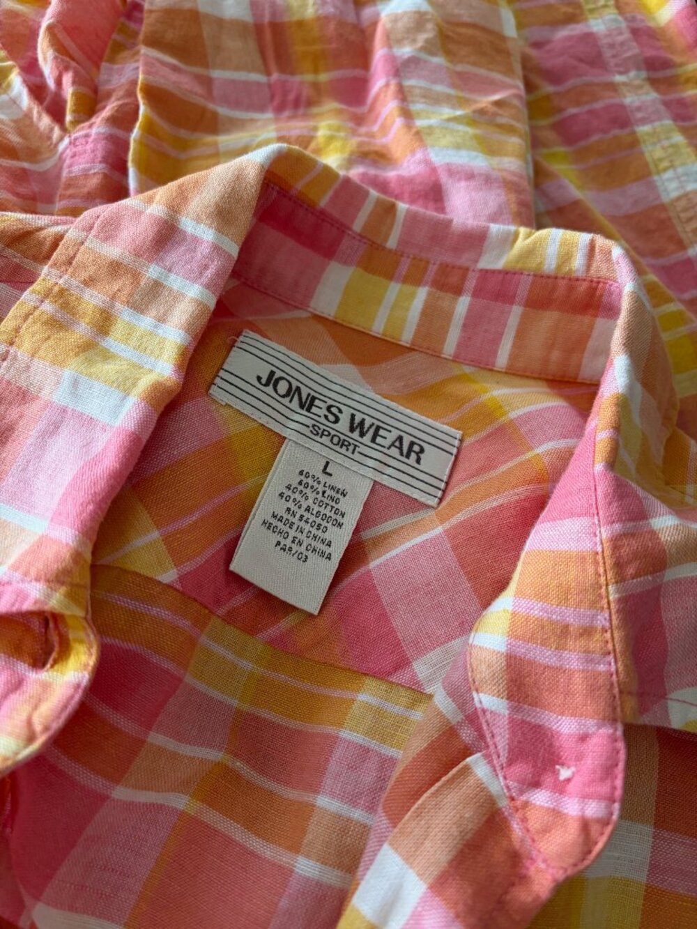 Jones Wear Sport Linen Blend Plaid Button Down Shirt Pink Orange Yellow Size L